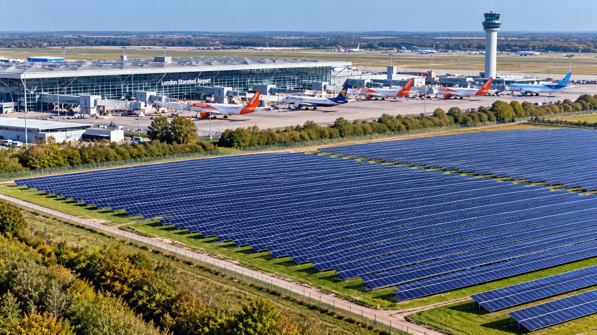 Aerial view of London Stansted Airport's new solar farm with rows of panels in the foreground and the terminal and aircraft in the background