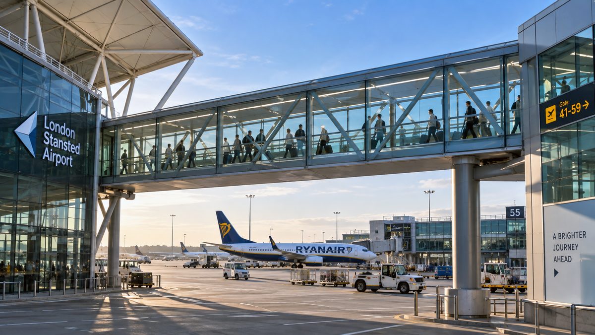 Concept illustration of Stansted Airport's new covered Skylink walkway connecting the terminal to satellite gates