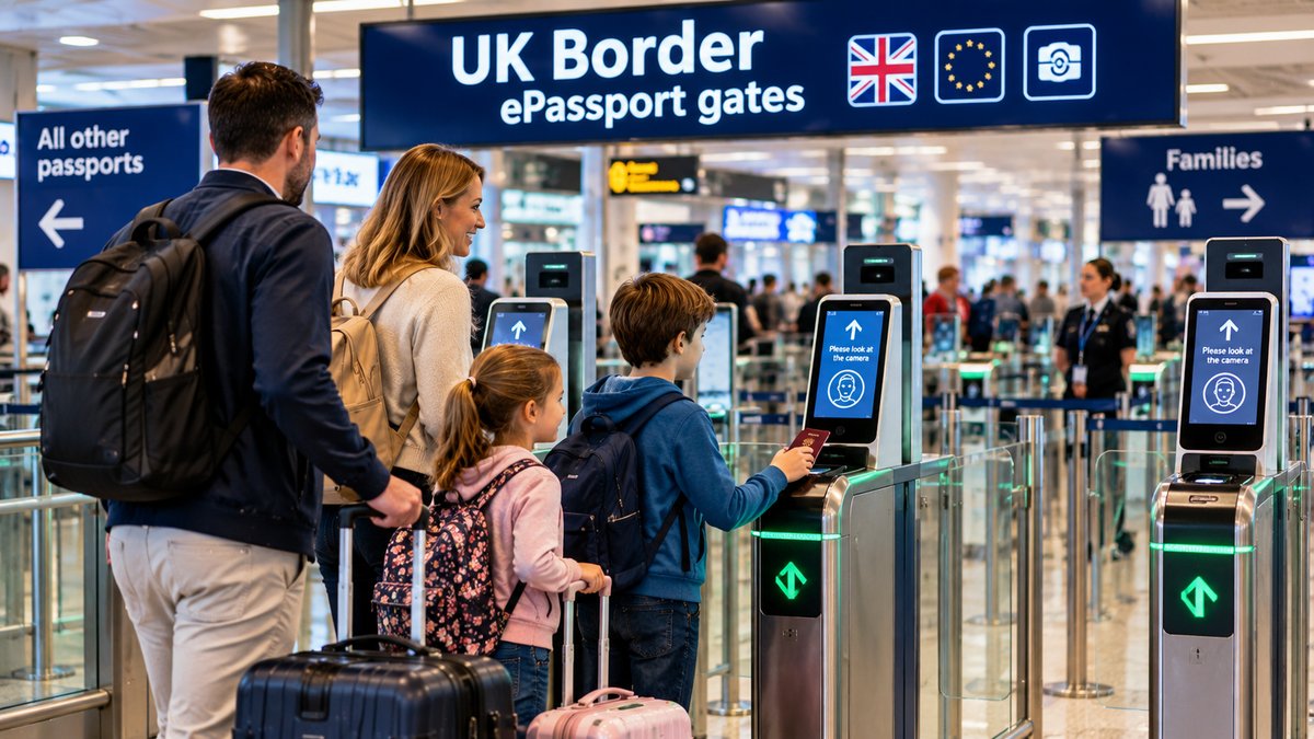 A family with two children using UK Border ePassport gates at an airport, with a “Families” lane sign overhead