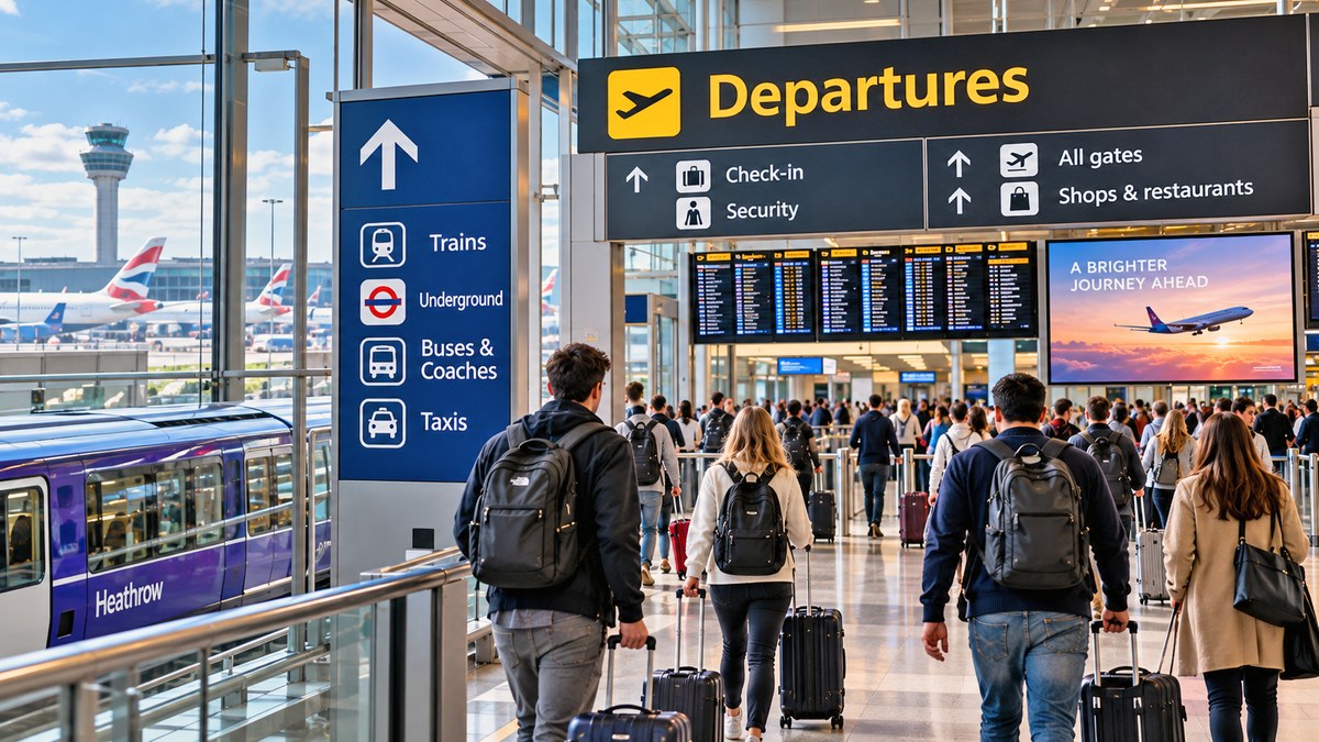 Passengers walking with suitcases past a Departures sign showing train, Underground, bus and taxi options at an airport terminal