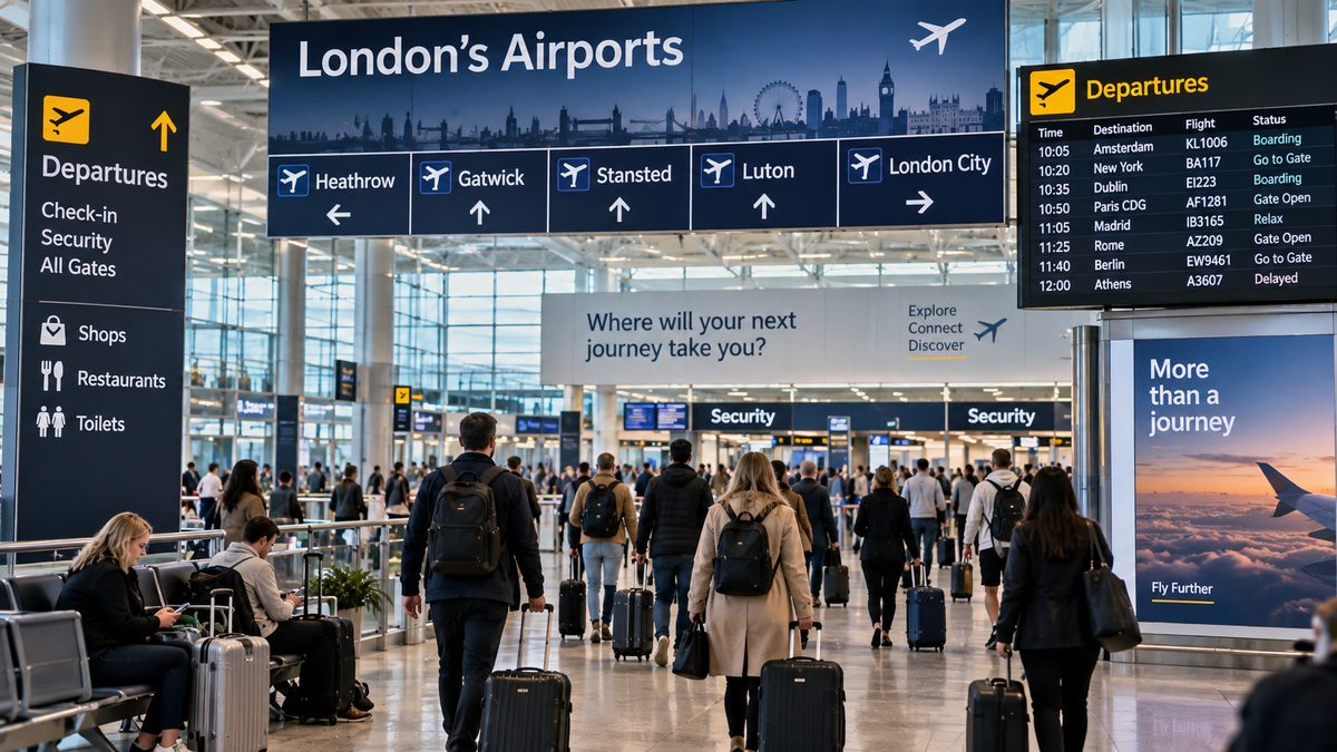 Concept illustration of passengers at a London airport terminal with signage for Heathrow, Gatwick, Stansted, Luton and London City