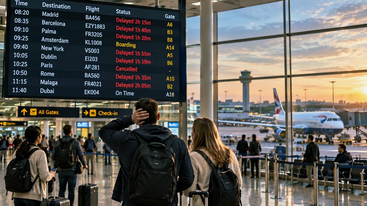 Passengers with luggage looking up at an airport departures board showing multiple delayed and cancelled flights, with an aircraft on the tarmac at sunset behind them