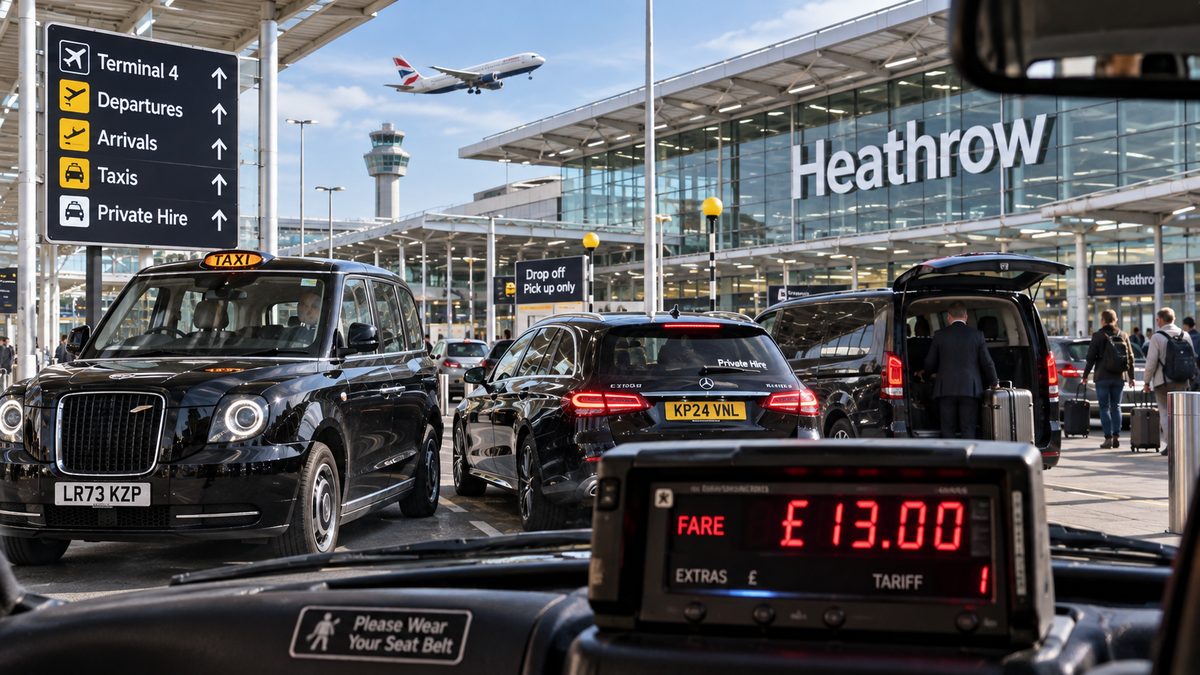 Concept illustration of a taxi meter reading £13.00 outside Heathrow Airport Terminal 4