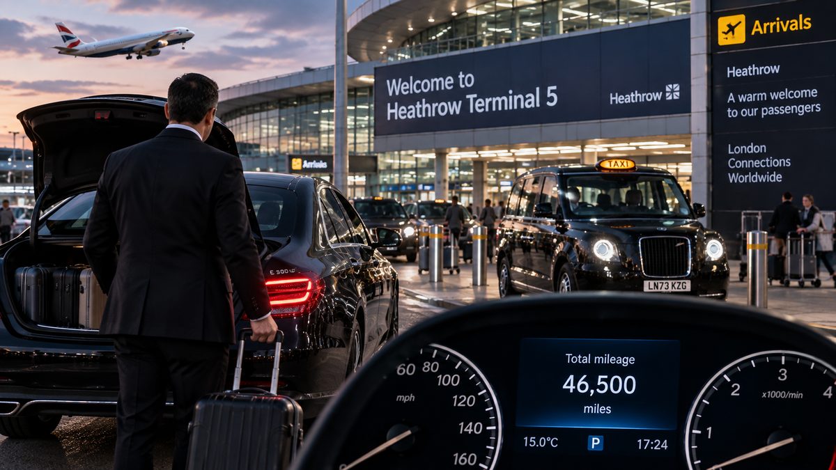 Concept illustration of a chauffeur loading luggage into a car at an airport terminal with a dashboard mileage readout