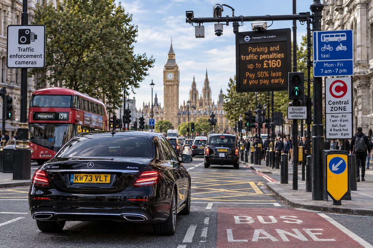 A chauffeur-driven car passing a Transport for London digital sign warning of parking and traffic penalties near Westminster