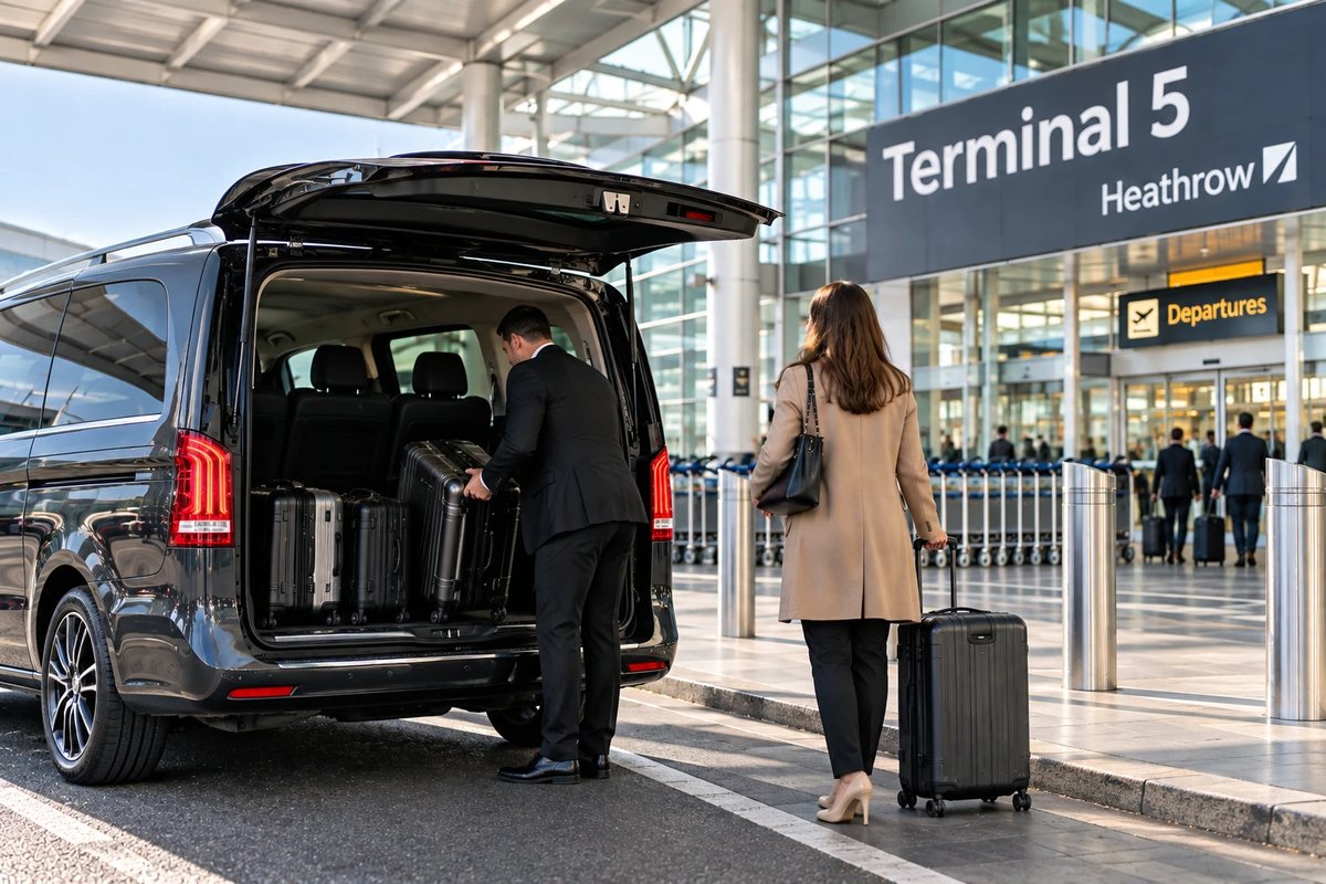 Chauffeur loading luggage into a black Mercedes-Benz people carrier outside Heathrow Terminal 5, with a passenger walking towards the departures entrance