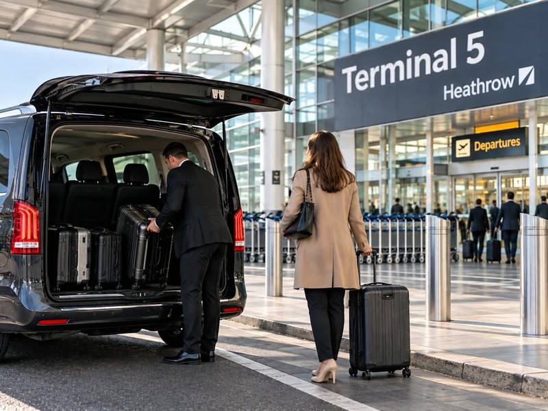Driver loading luggage into a Mercedes-Benz V-Class outside Heathrow Terminal 5 departures