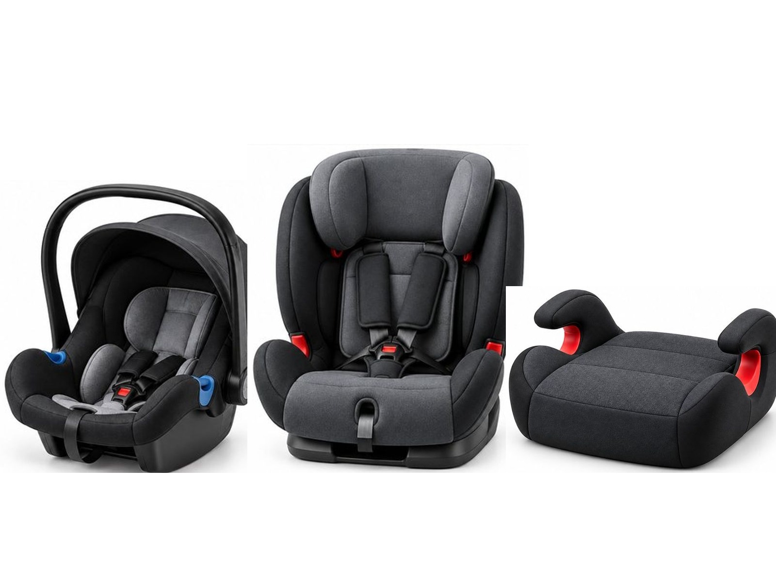 Infant seat, child seat and booster seat side by side