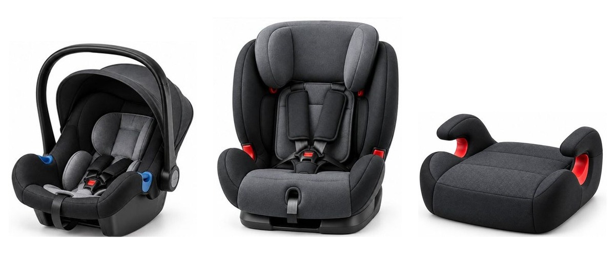 Infant seat, child seat and booster seat side by side