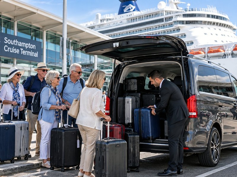Group of cruise passengers loading luggage into a Mercedes-Benz V-Class outside Southampton Cruise Terminal, with a cruise ship behind