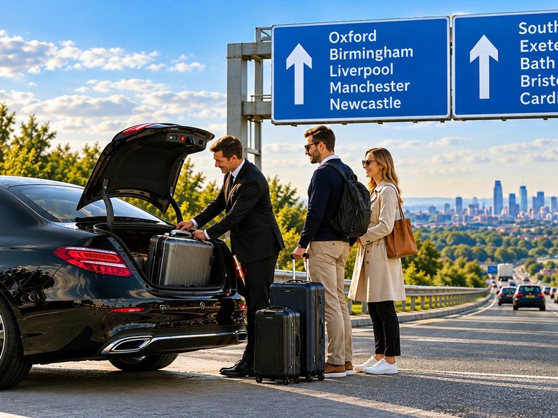 Driver loading luggage into a saloon car boot beside a motorway sign for Oxford, Birmingham, Liverpool and Manchester, with the London skyline in the distance
