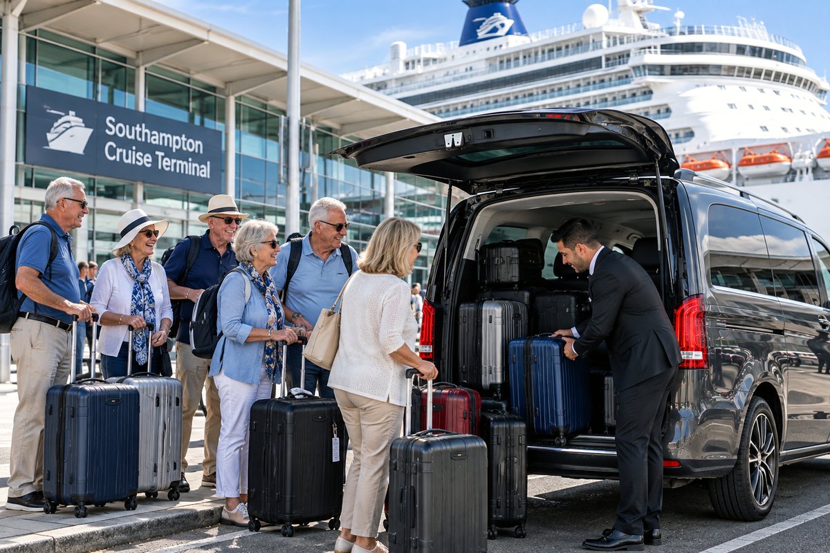 Chauffeur loading luggage into a black Mercedes-Benz people carrier for a group of cruise passengers outside Southampton Cruise Terminal, with a cruise ship in the background