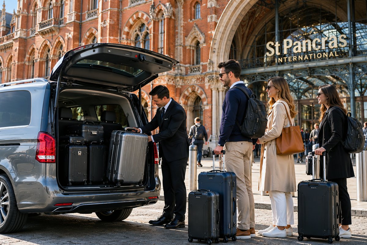 Chauffeur loading suitcases into a silver Mercedes-Benz V-Class people carrier for a group of passengers outside St Pancras International railway station