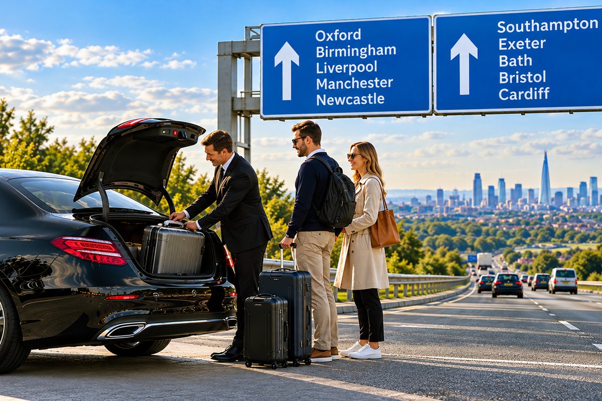 Chauffeur loading suitcases into a black Mercedes-Benz saloon car beside a UK motorway, with a road sign showing destinations across the country and the London skyline in the distance