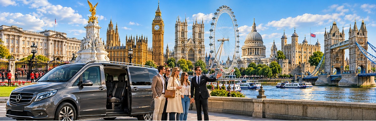 Chauffeur welcoming sightseeing passengers beside a Mercedes-Benz V-Class on the South Bank of the Thames, with Buckingham Palace, Big Ben, Westminster Abbey, the London Eye, St Paul&rsquo;s Cathedral, the Tower of London and Tower Bridge along the skyline